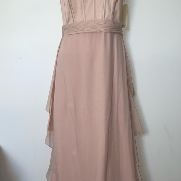 Badgley Mischka Blush Chiffon Strapless Gown - Picture 3 of 10